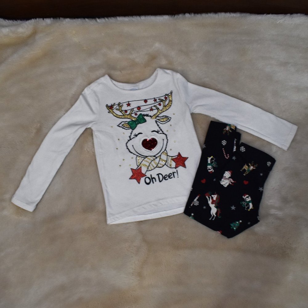 Girls Christmas Pajama Set Long Sleeve Reindeer Shirt and Leggings Size XS 4/5